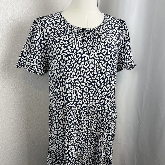 J Crew Midi Dress Womens Medium Blue White Leopard Print Puff Sleeve Tiered Boho - Picture 2 of 13